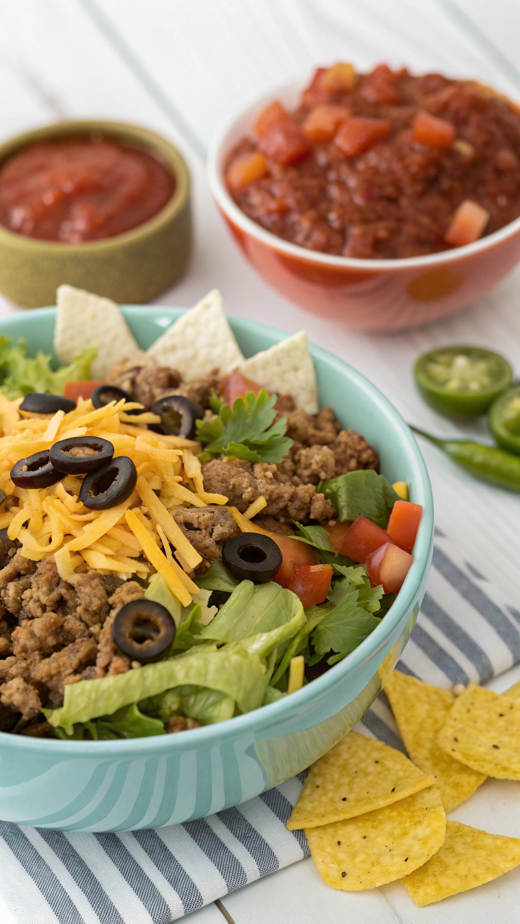 A colorful taco salad with ground turkey, lettuce, tomatoes, cheese, and olives, served with tortilla chips and salsa.