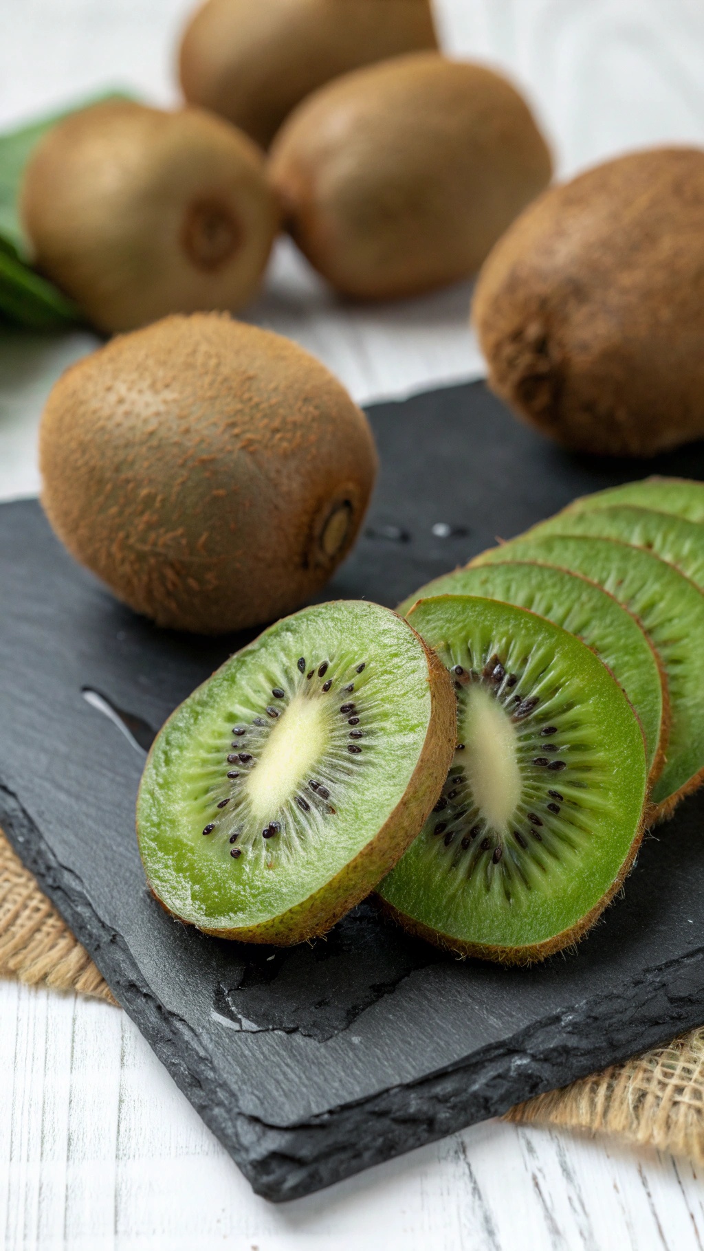 Fresh kiwi fruit sliced on a black slate board with whole kiwis in the background.