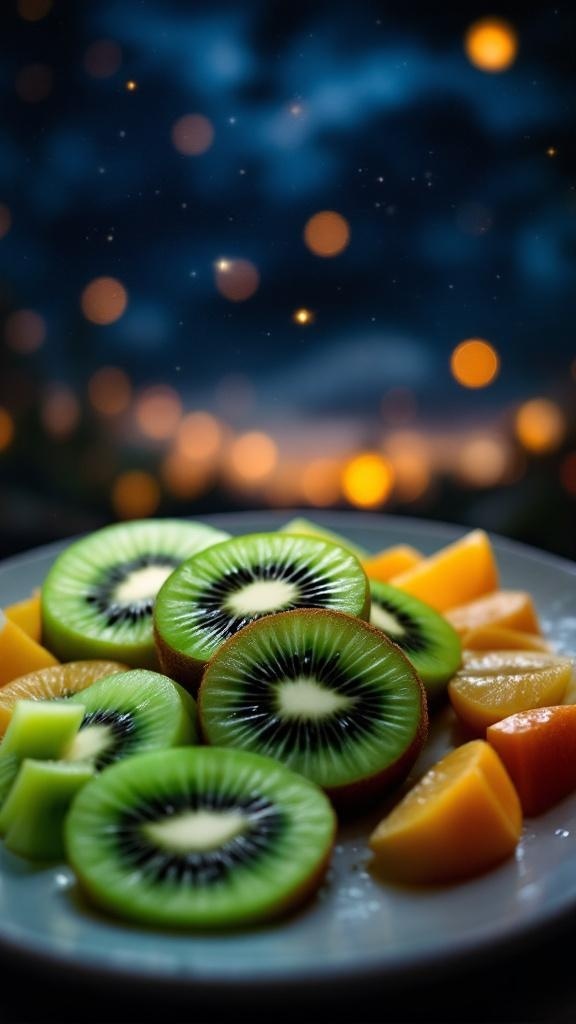 A plate of sliced kiwi and other fruits with a dreamy, starry background.