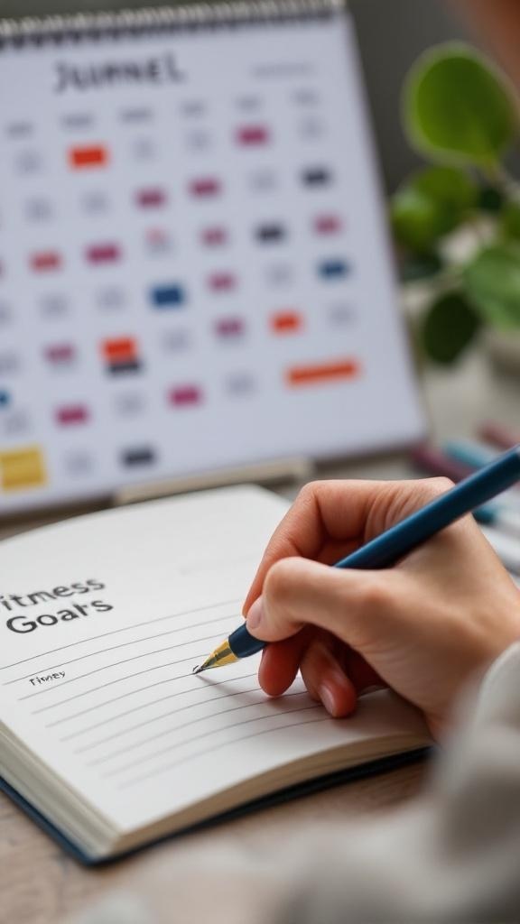 A person writing fitness goals in a notebook with a calendar in the background.