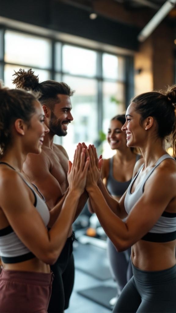 A group of friends smiling and high-fiving each other in a gym setting, celebrating their fitness achievements.