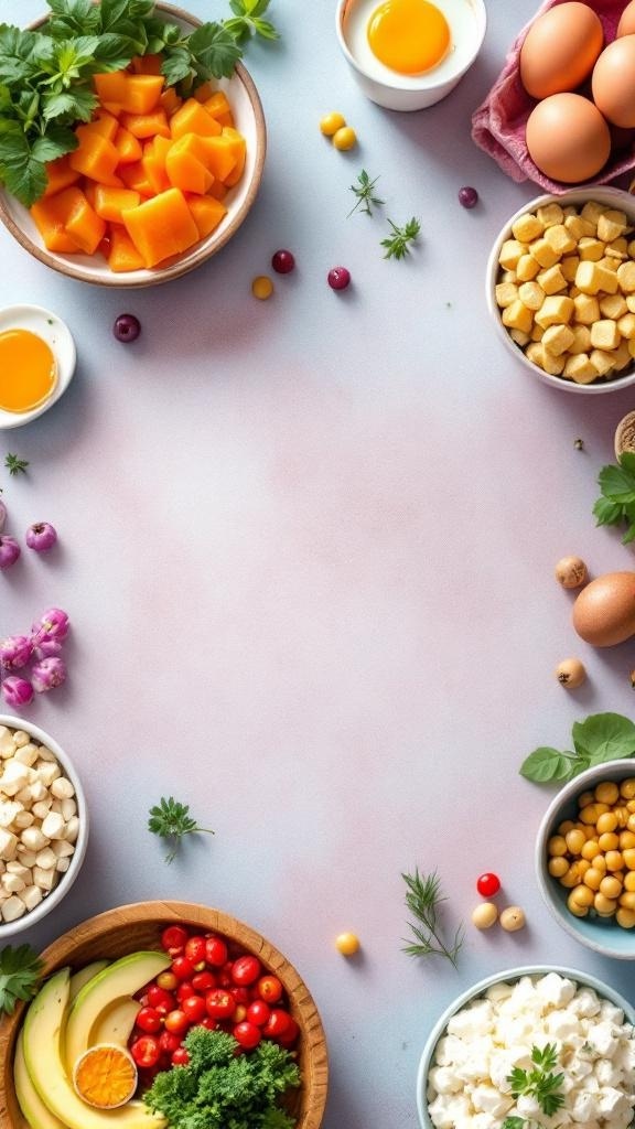 A variety of colorful ingredients for a high protein breakfast, including tomatoes, legumes, eggs, and herbs.
