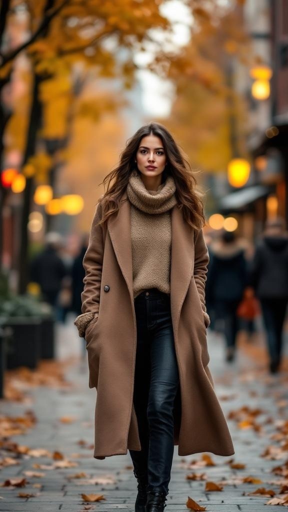 A woman walking down a street in autumn, wearing a cozy sweater and a long coat.