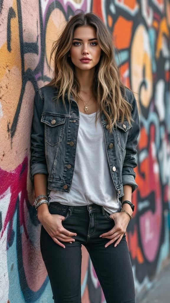 A person wearing a denim jacket and black jeans, standing in front of a colorful graffiti wall.
