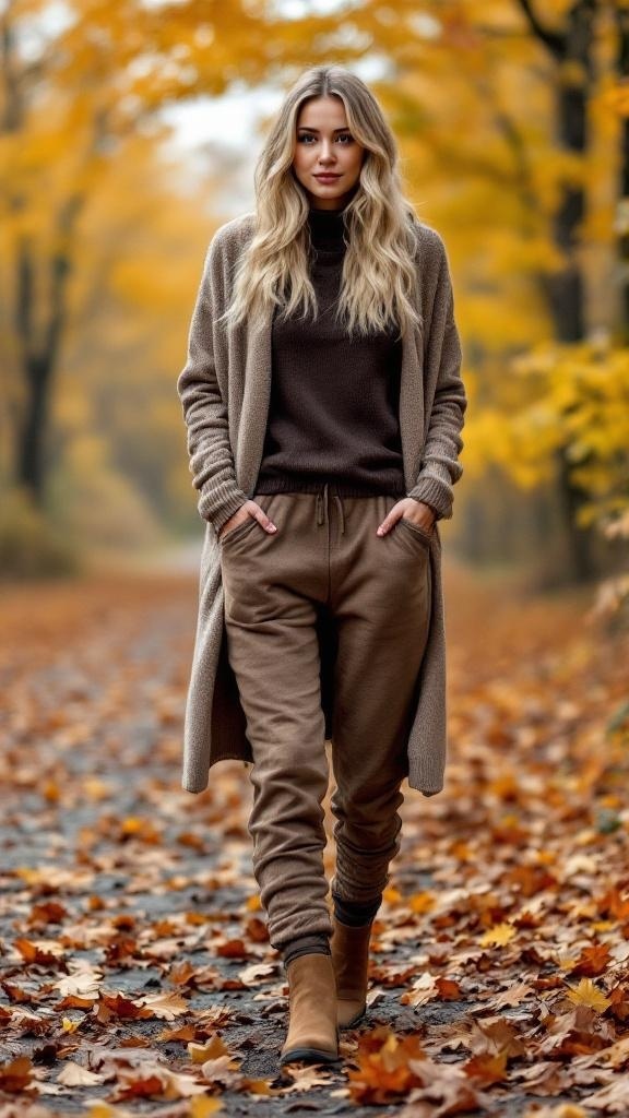 A woman in a layered outfit with sweatpants, a sweater, and a cardigan, walking on a leaf-covered path in autumn.