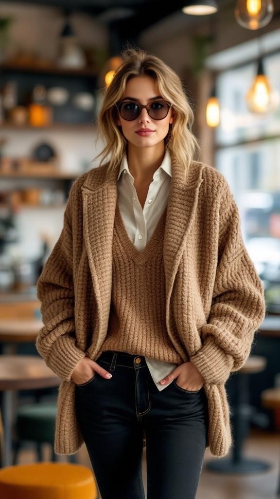 A woman wearing a beige oversized sweater over a white button-up shirt, paired with black jeans and sunglasses.