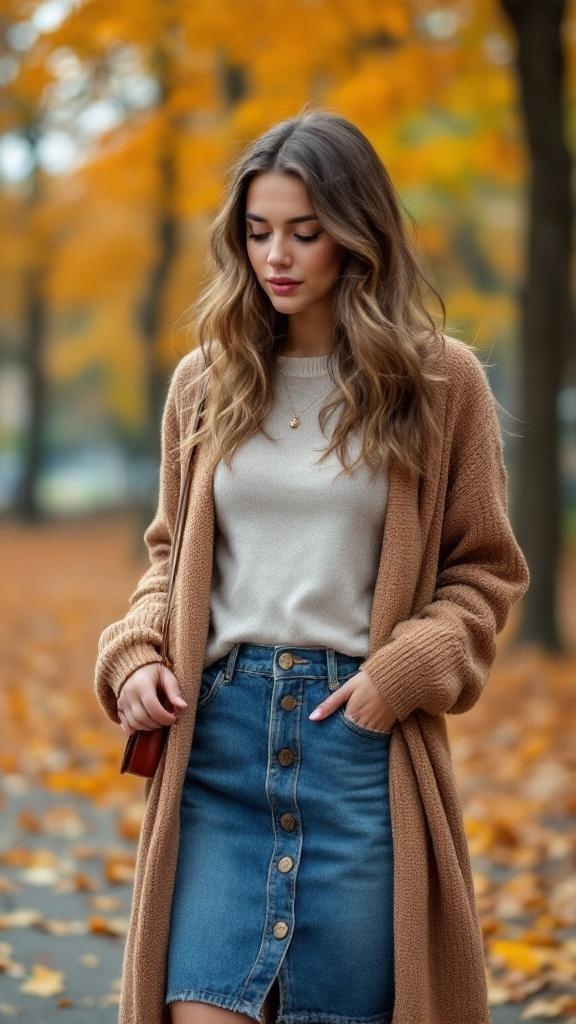 A woman wearing a long beige cardigan over a sweater and a denim skirt, standing in a park with autumn leaves.