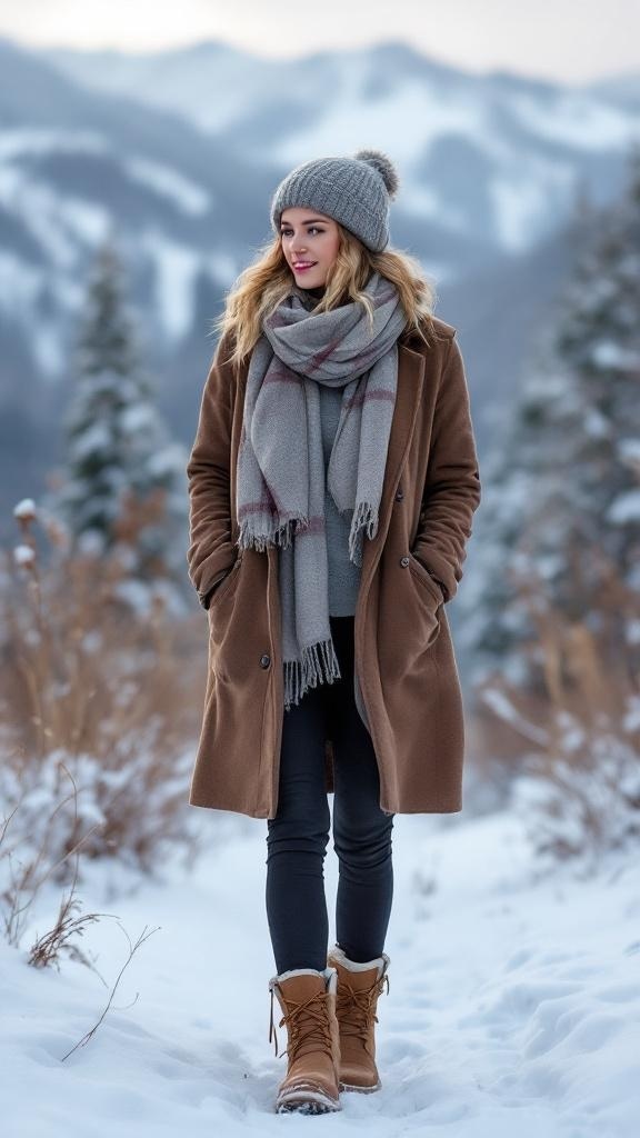 A woman in a brown coat, gray scarf, and Ugg boots walking in the snow with mountains in the background.