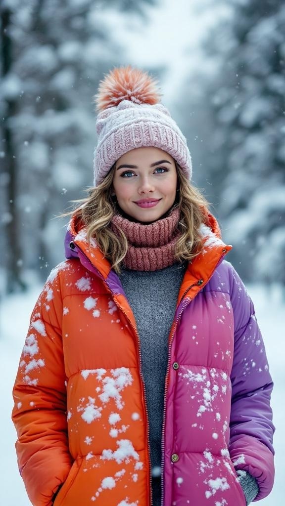 A woman wearing a colorful puffer jacket over a thermal top, smiling in a snowy landscape.
