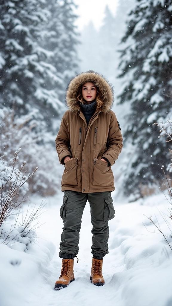A person wearing a brown parka with a hood, green cargo pants, and brown boots, standing in a snowy forest.