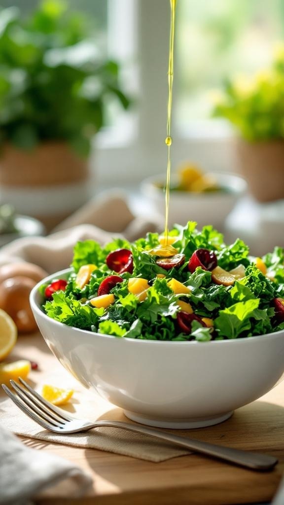 A fresh salad with leafy greens, fruits, and olive oil being drizzled on top.