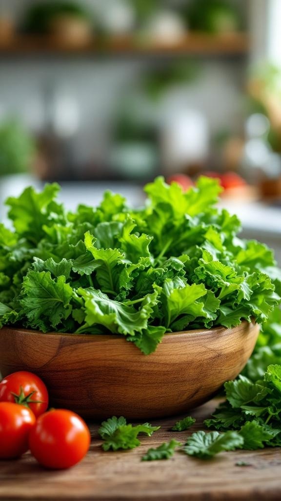 A bowl of fresh leafy greens with tomatoes on a wooden surface