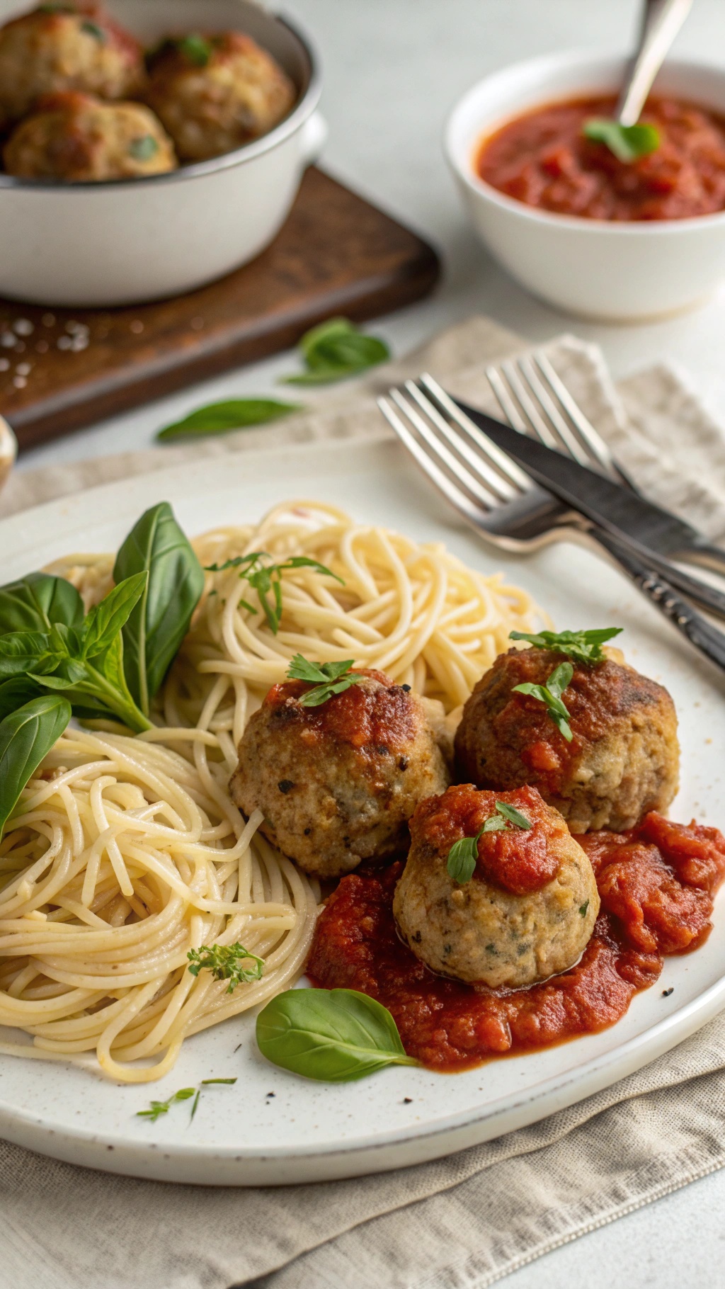 Plate of turkey meatballs with spaghetti and marinara sauce, garnished with fresh herbs.