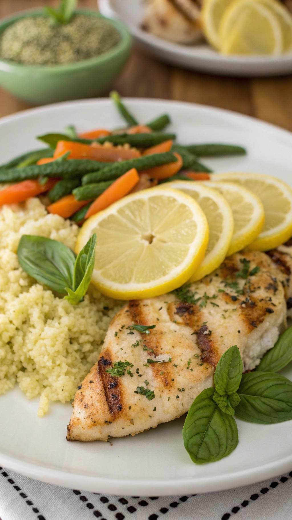 A plate of Lemon Basil Chicken with couscous and steamed vegetables, garnished with lemon slices and fresh basil.
