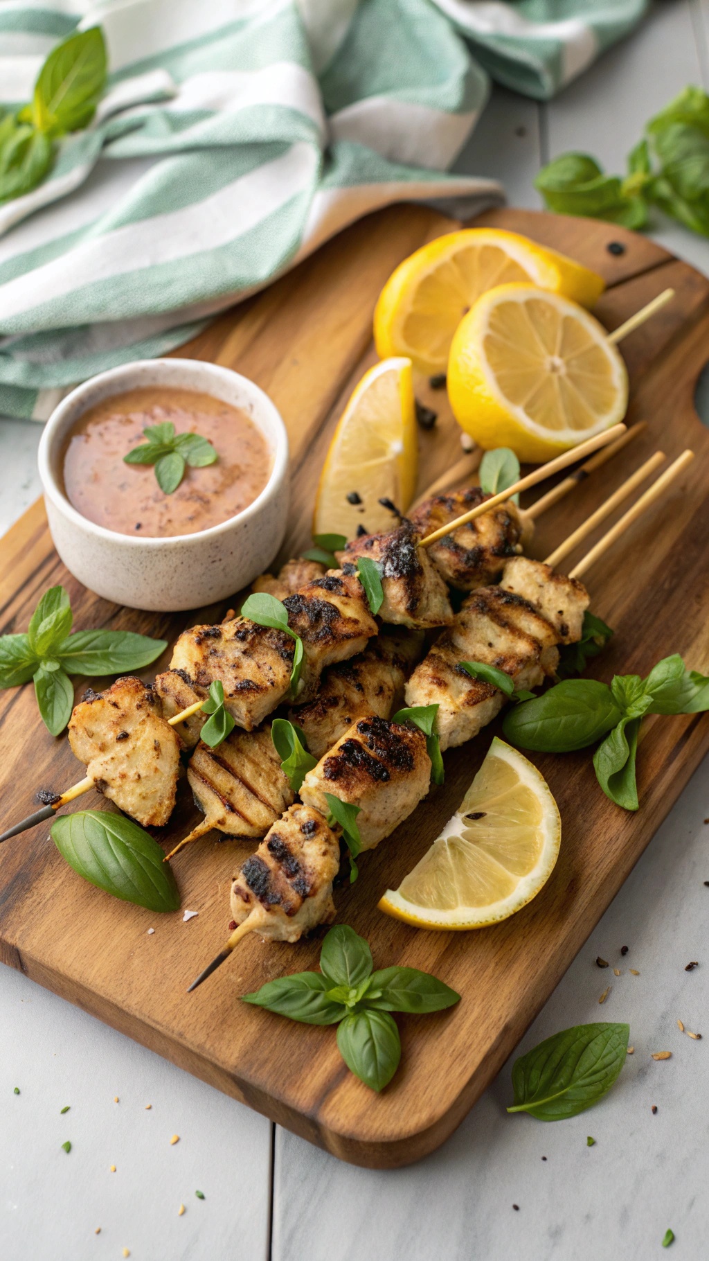 Lemon Basil Chicken Skewers served with lemon wedges and a dipping sauce on a wooden cutting board.