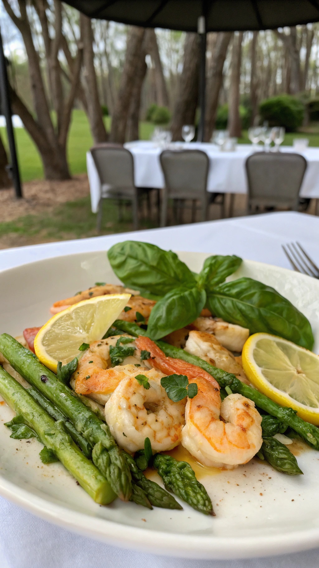 A plate of Lemon Basil Shrimp with Asparagus garnished with lemon slices and basil leaves.