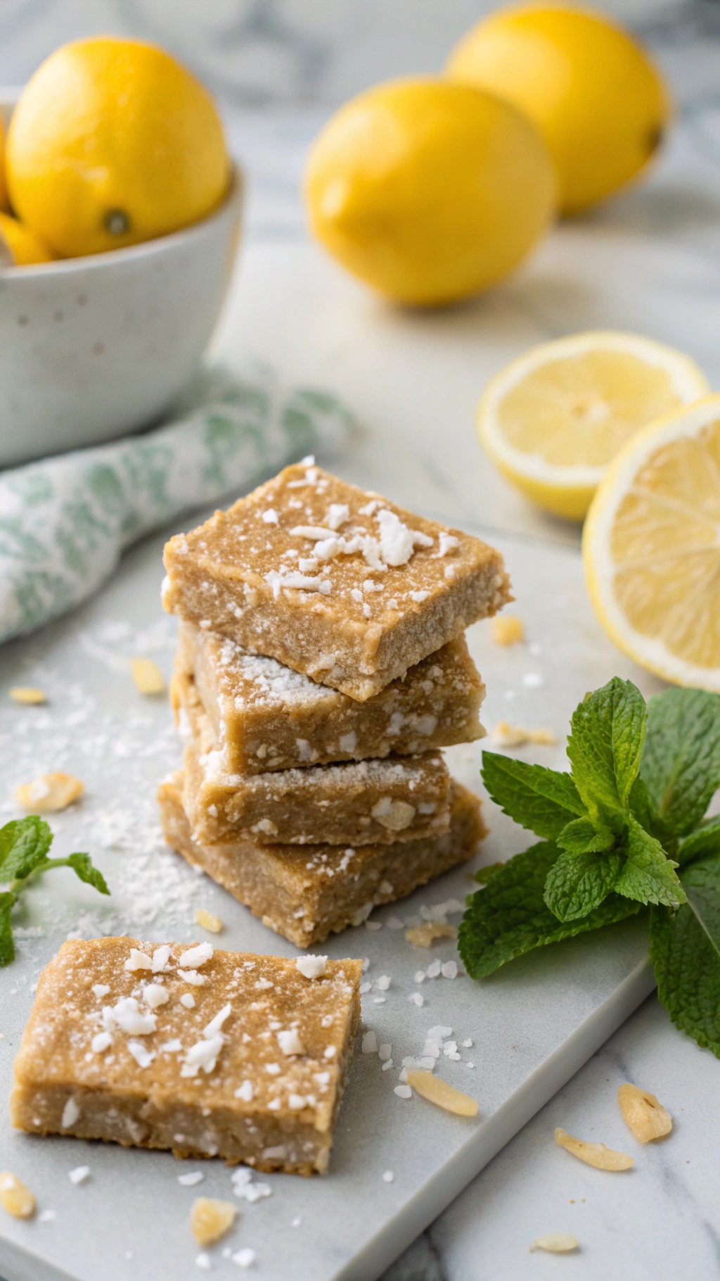 Lemon coconut energy bars stacked on a marble surface with fresh lemons and mint leaves.
