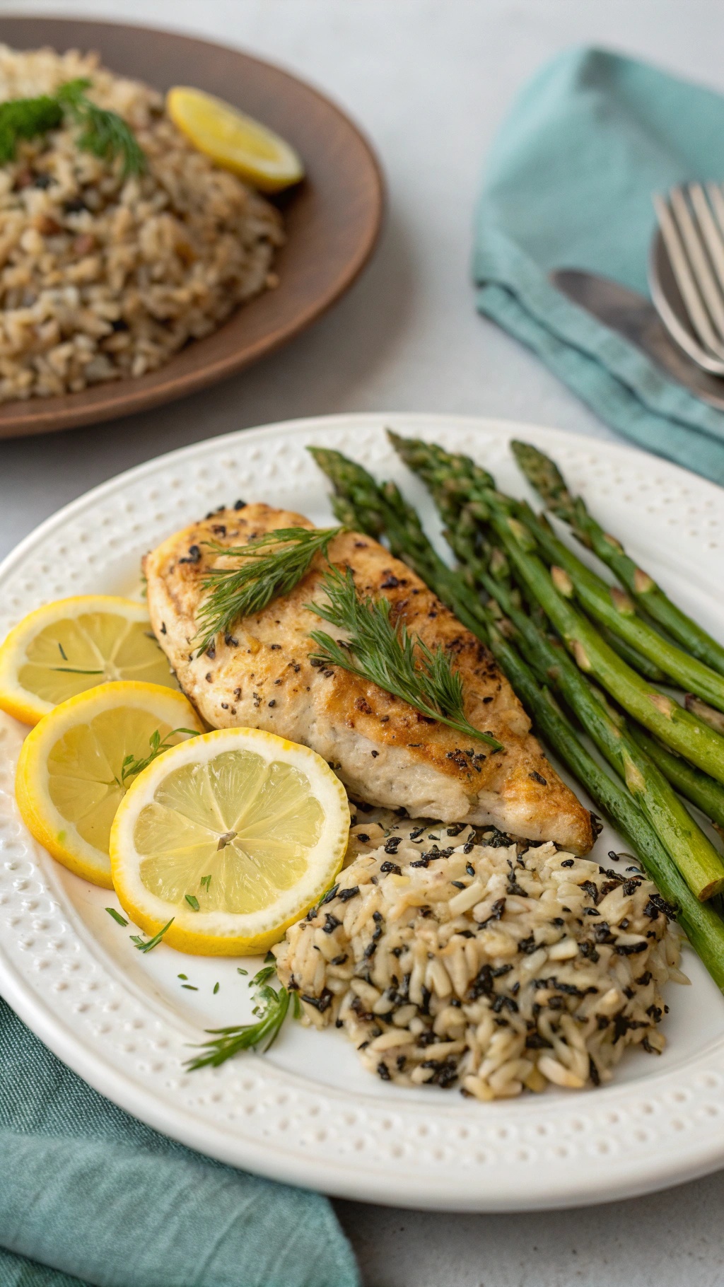 Plate of Lemon Dill Chicken with Asparagus and rice, garnished with lemon slices
