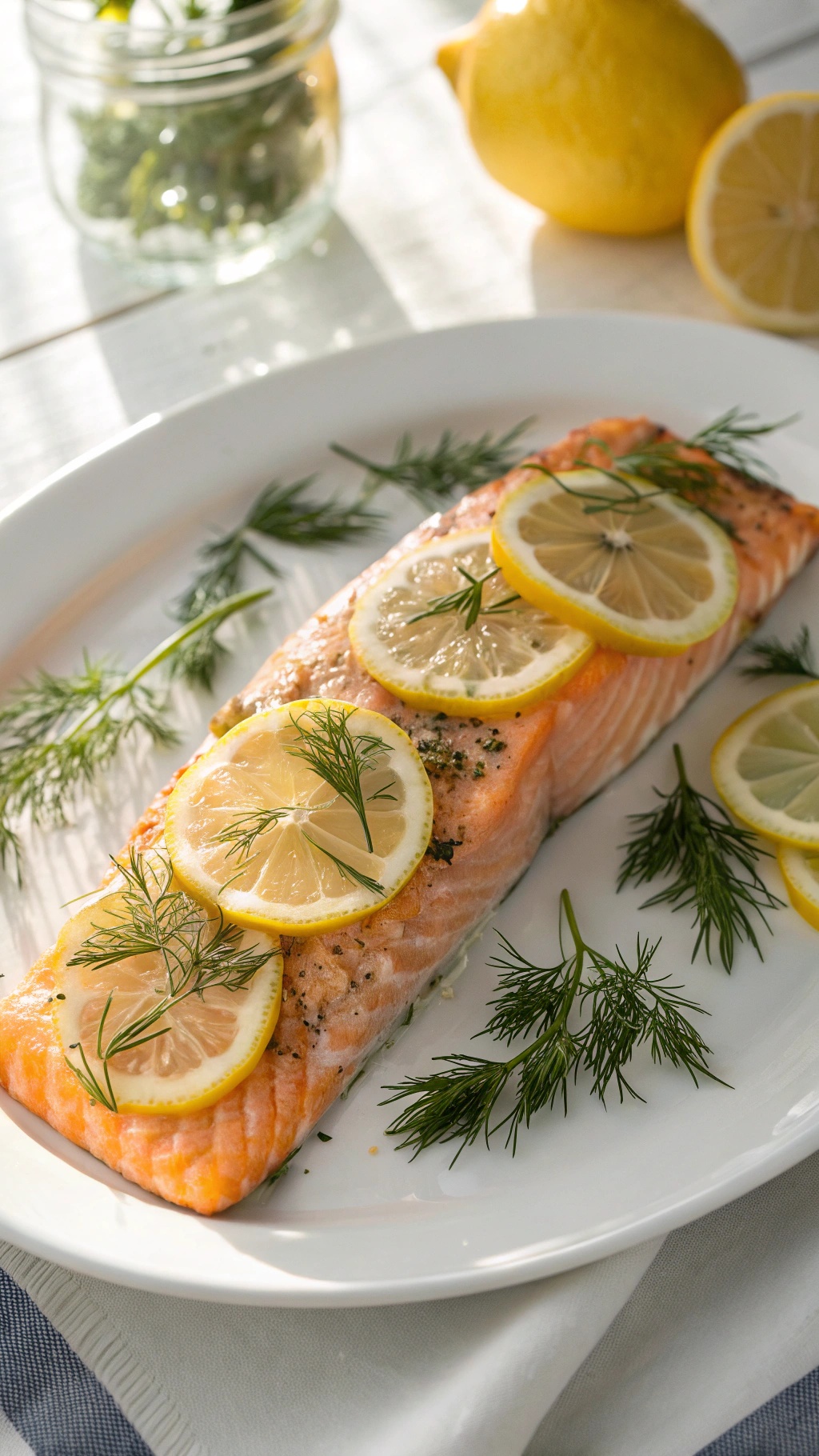 A beautifully plated Lemon Dill Salmon with lemon slices and fresh dill on a white dish.
