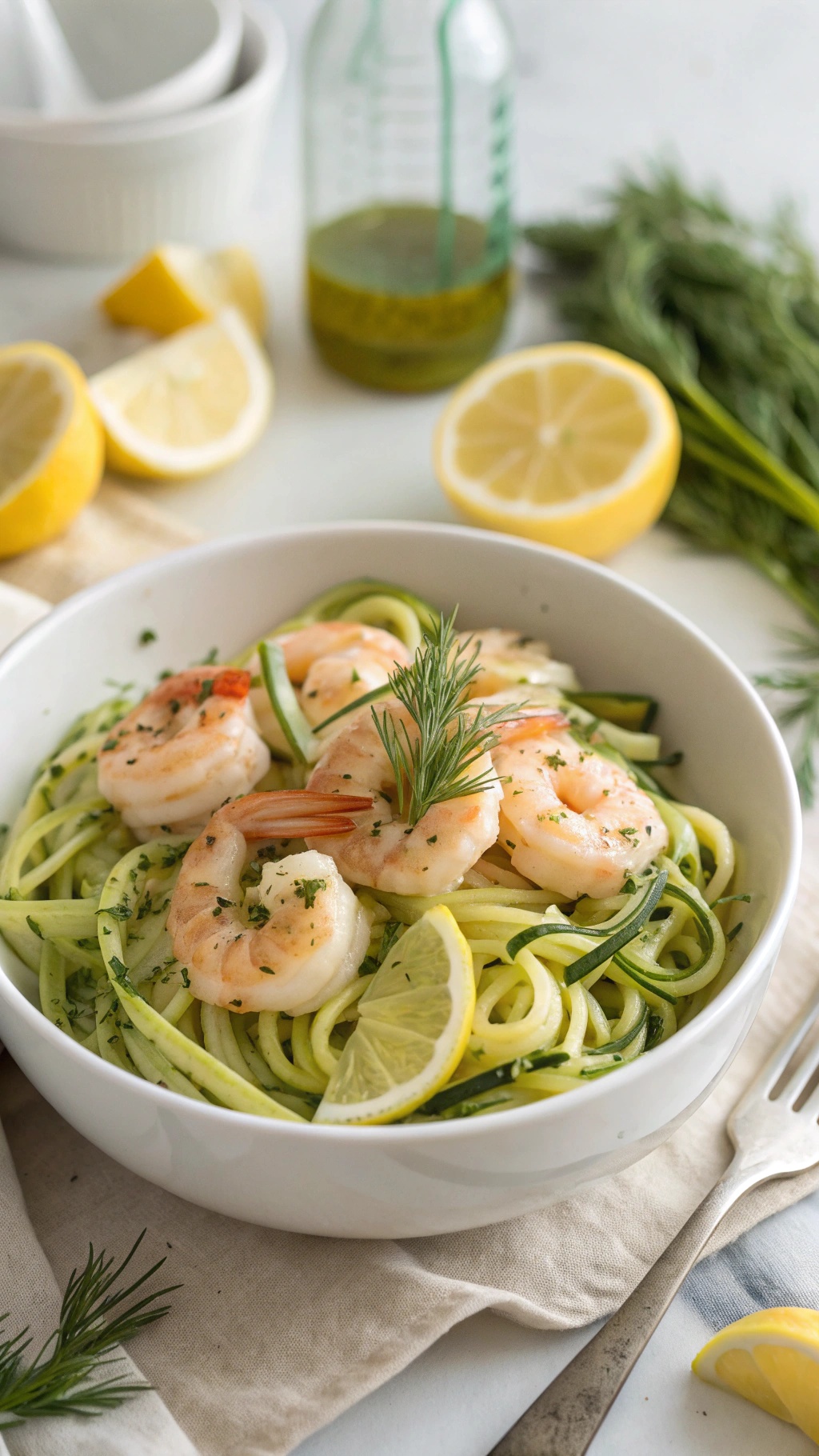 A bowl of Lemon Dill Shrimp with Zucchini Noodles garnished with dill and lemon slices.