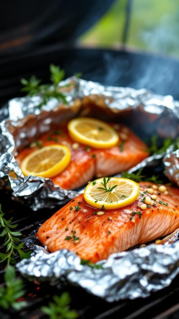 Lemon garlic salmon fillets in foil packets on a grill