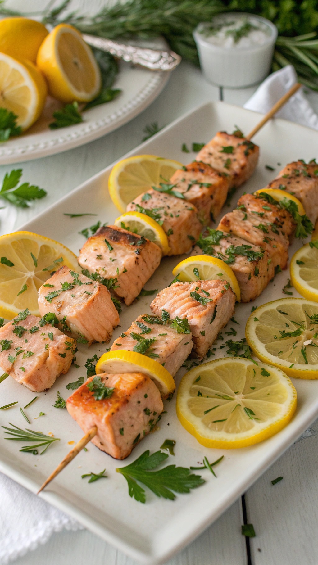 Lemon Garlic Salmon Skewers with fresh herbs and lemon slices
