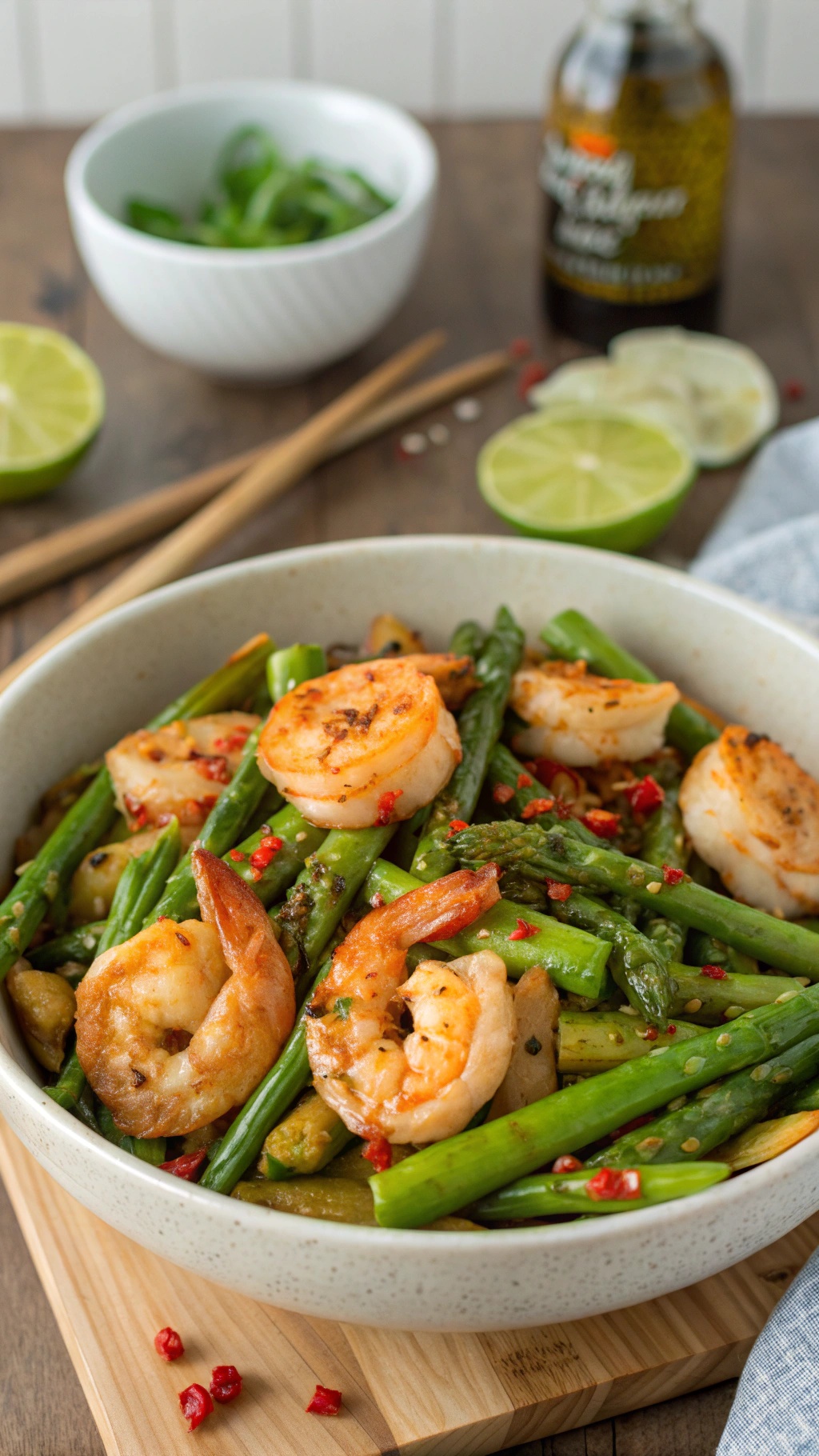 A bowl of lemon garlic shrimp and asparagus stir-fry with a side of lime and green onions.