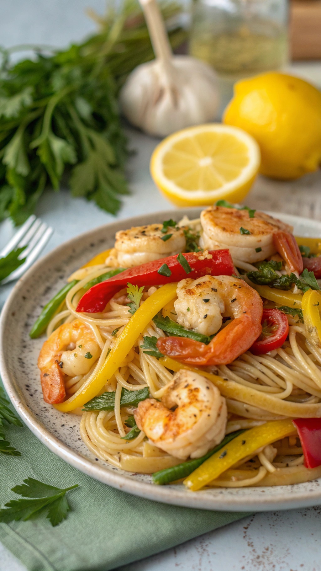 A plate of Lemon Garlic Shrimp and Veggie Pasta with colorful bell peppers and shrimp.