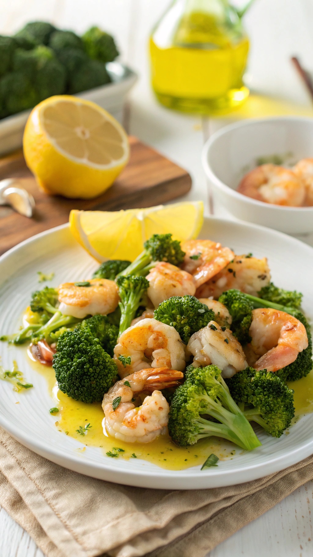 A plate of Lemon Garlic Shrimp with Broccoli, garnished with lemon wedges and parsley.