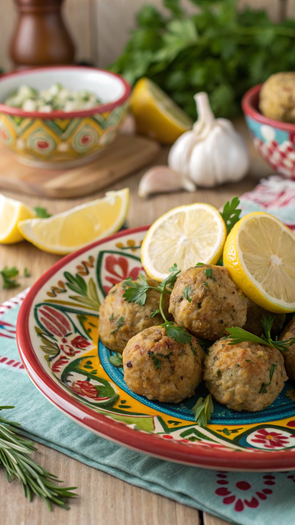 Lemon Herb Chicken Meatballs on a colorful plate with lemon slices and fresh herbs.