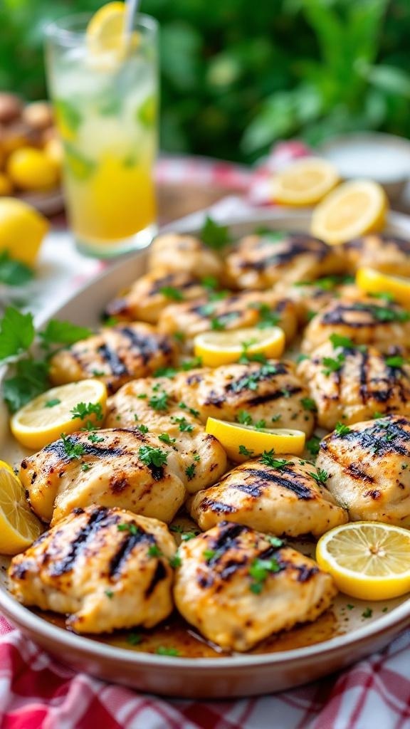 Grilled chicken thighs garnished with lemon slices and parsley
