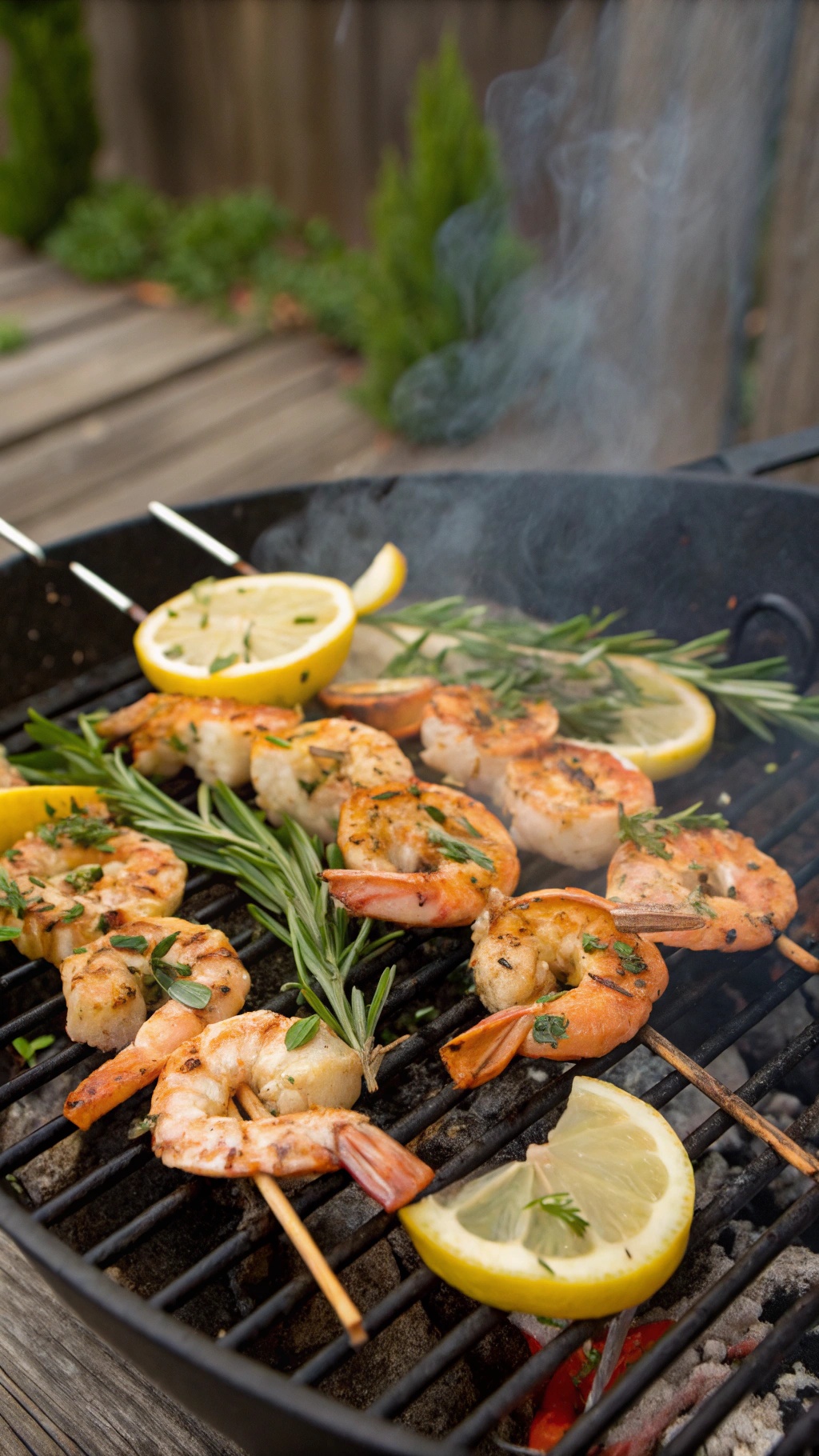 Grilled shrimp skewers with lemon slices on a barbecue grill, with people enjoying a meal in the background.