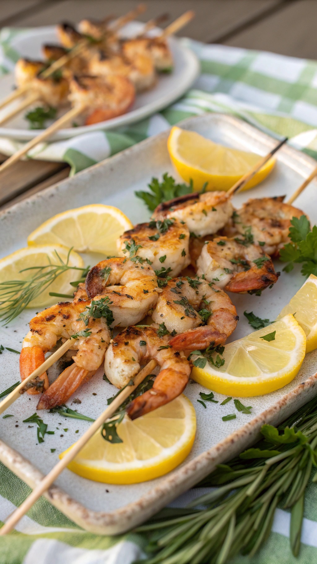 Lemon Herb Grilled Shrimp Skewers with lemon slices and herbs on a plate