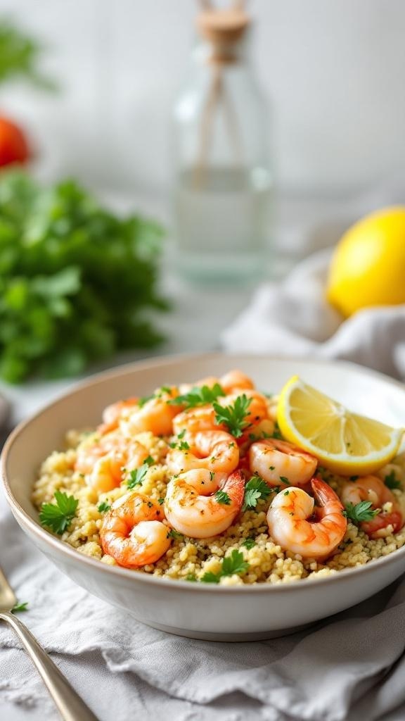 A bowl of lemon herb shrimp with quinoa, garnished with parsley and lemon slices.