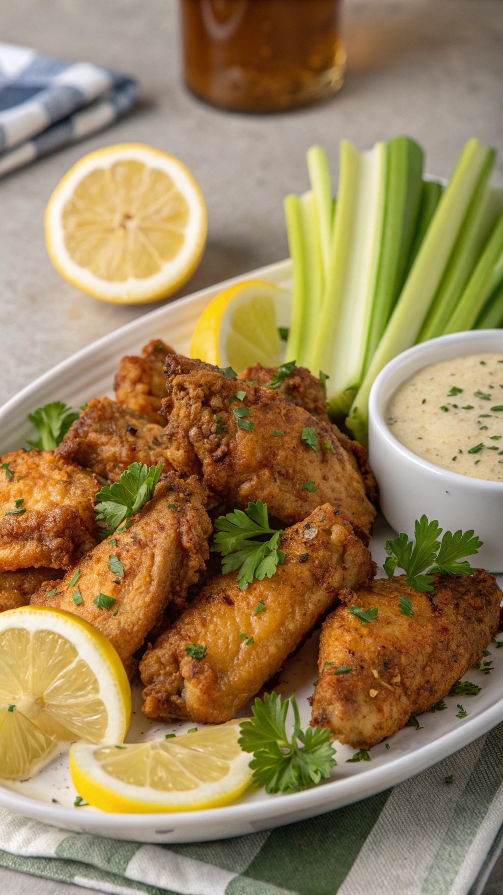 A plate of crispy lemon pepper chicken wings garnished with parsley and lemon slices, served with celery sticks and a creamy dip.