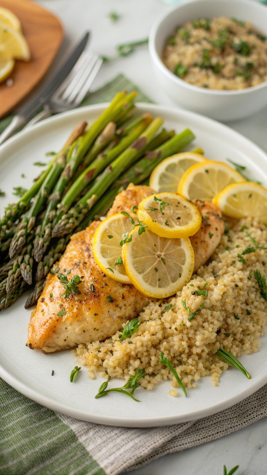 A plate of lemon thyme chicken served with asparagus and couscous, garnished with lemon slices.