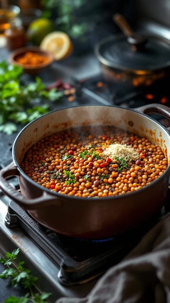 A pot of lentils cooking on the stove, garnished with herbs and spices.
