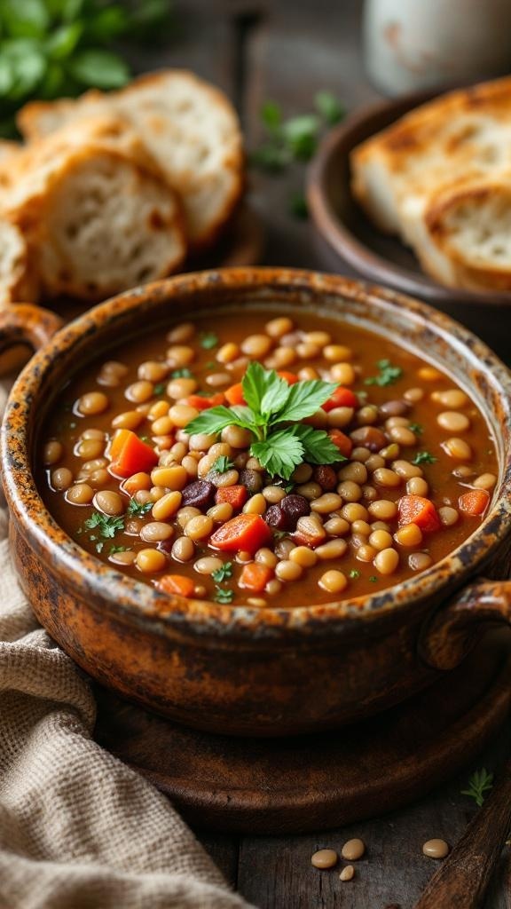A bowl of lentil soup with carrots and herbs, served with slices of bread.
