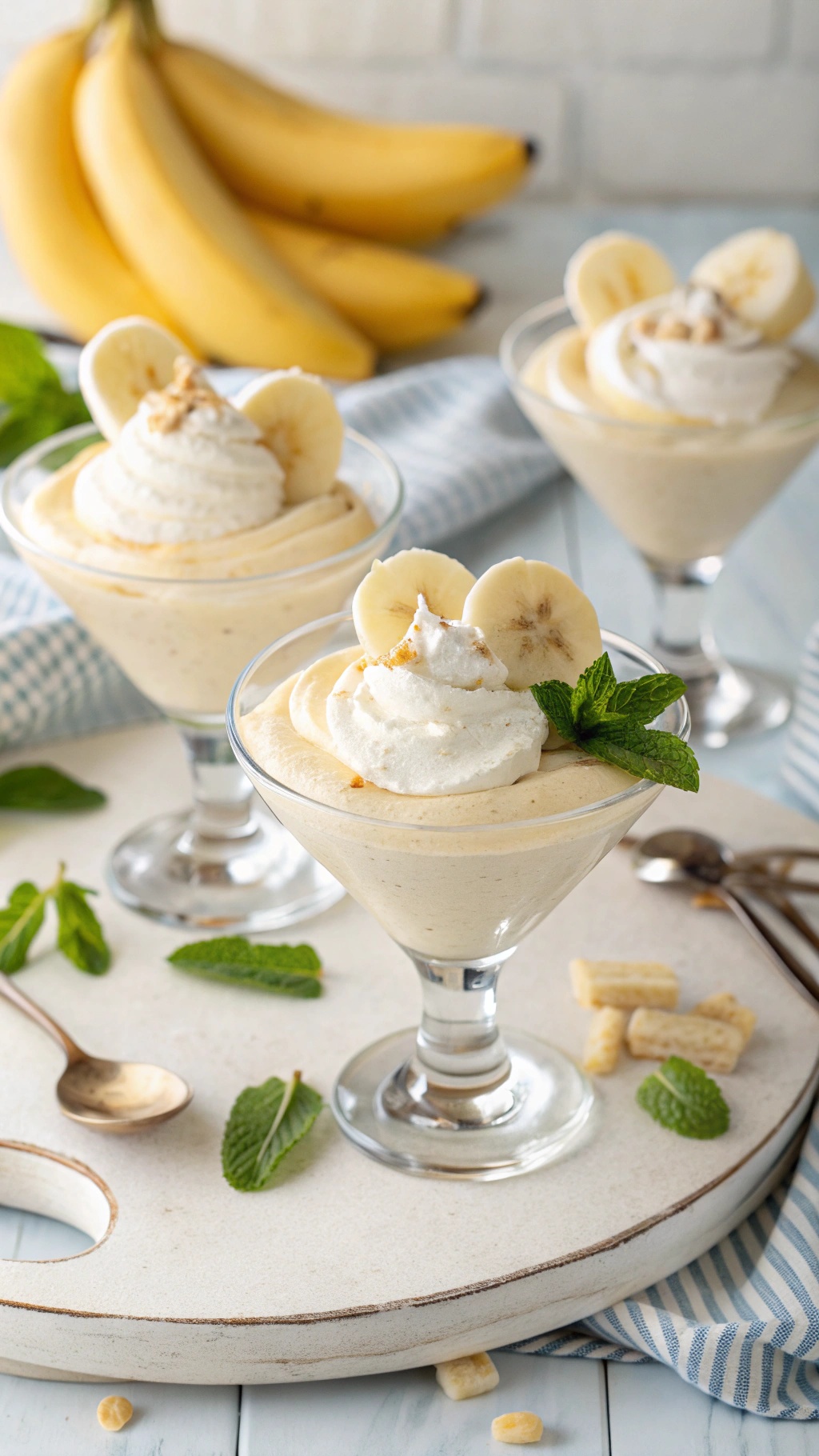 Light and airy no-bake banana mousse served in elegant cups, topped with whipped cream and banana slices, with fresh bananas in the background.