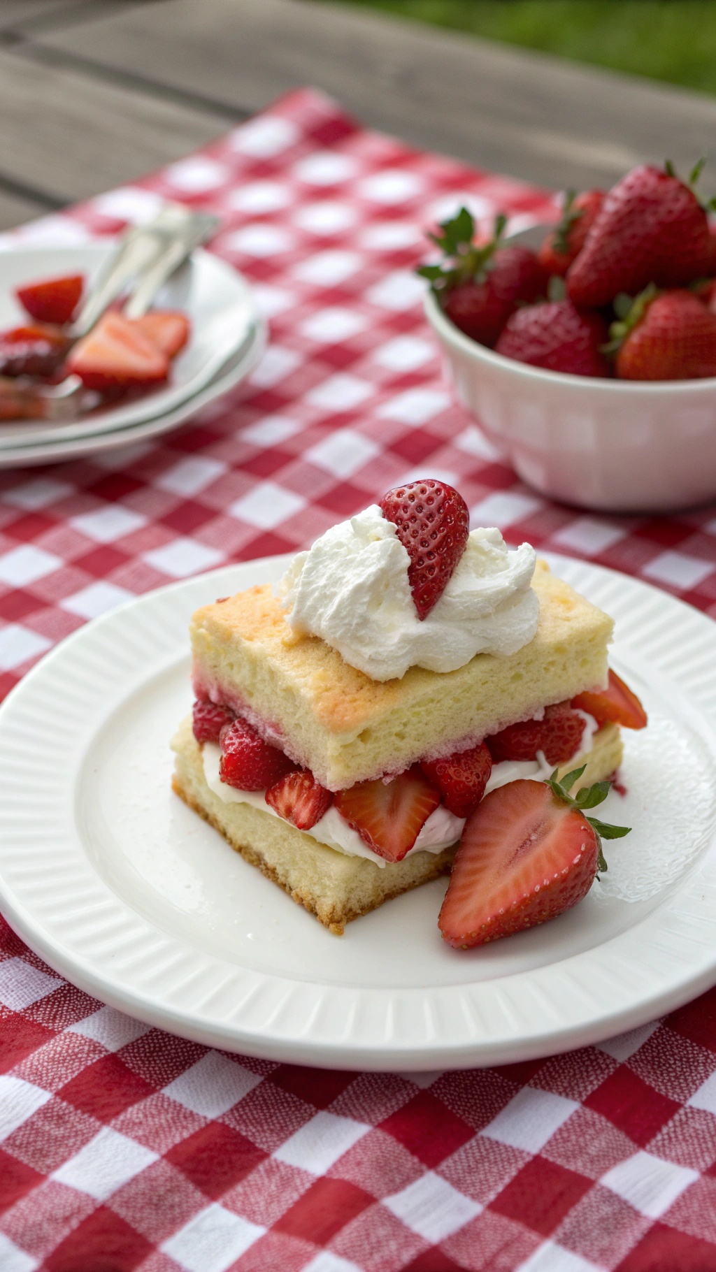 A slice of strawberry shortcake on a plate with fresh strawberries in the background.