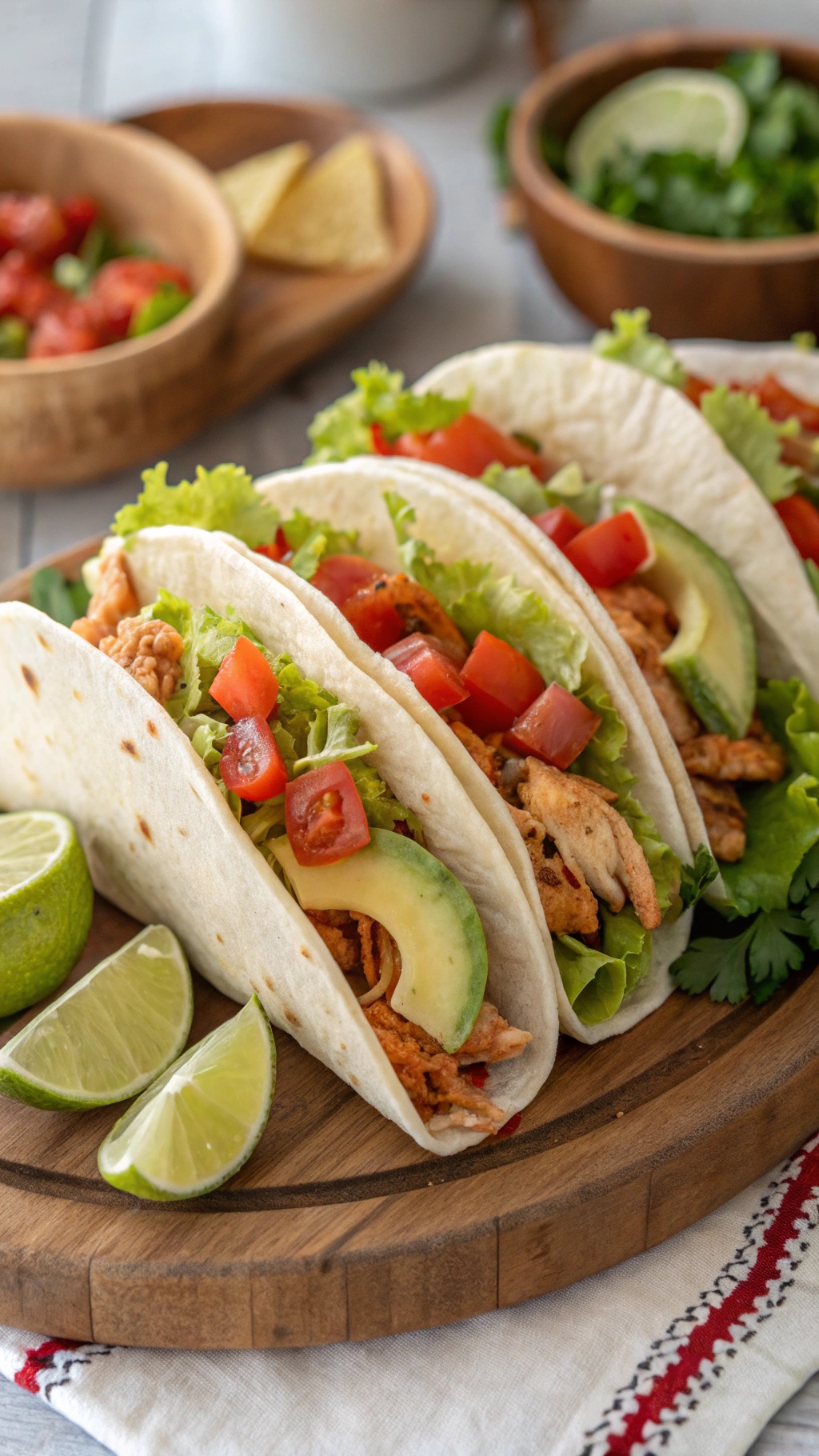 Delicious chicken tacos with lettuce, tomatoes, and avocado on a wooden platter