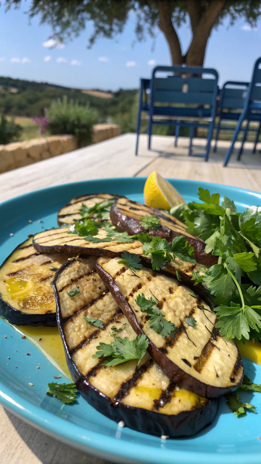 Grilled eggplant slices garnished with herbs and lemon on a blue plate