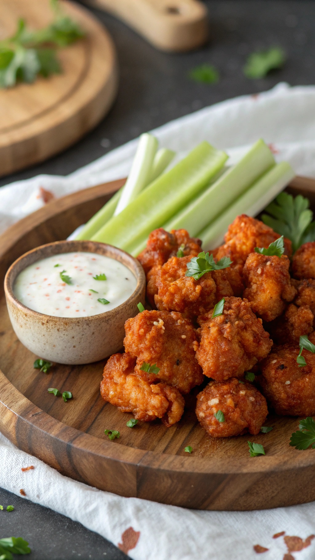A wooden platter with buffalo cauliflower bites, celery sticks, and a creamy dipping sauce.