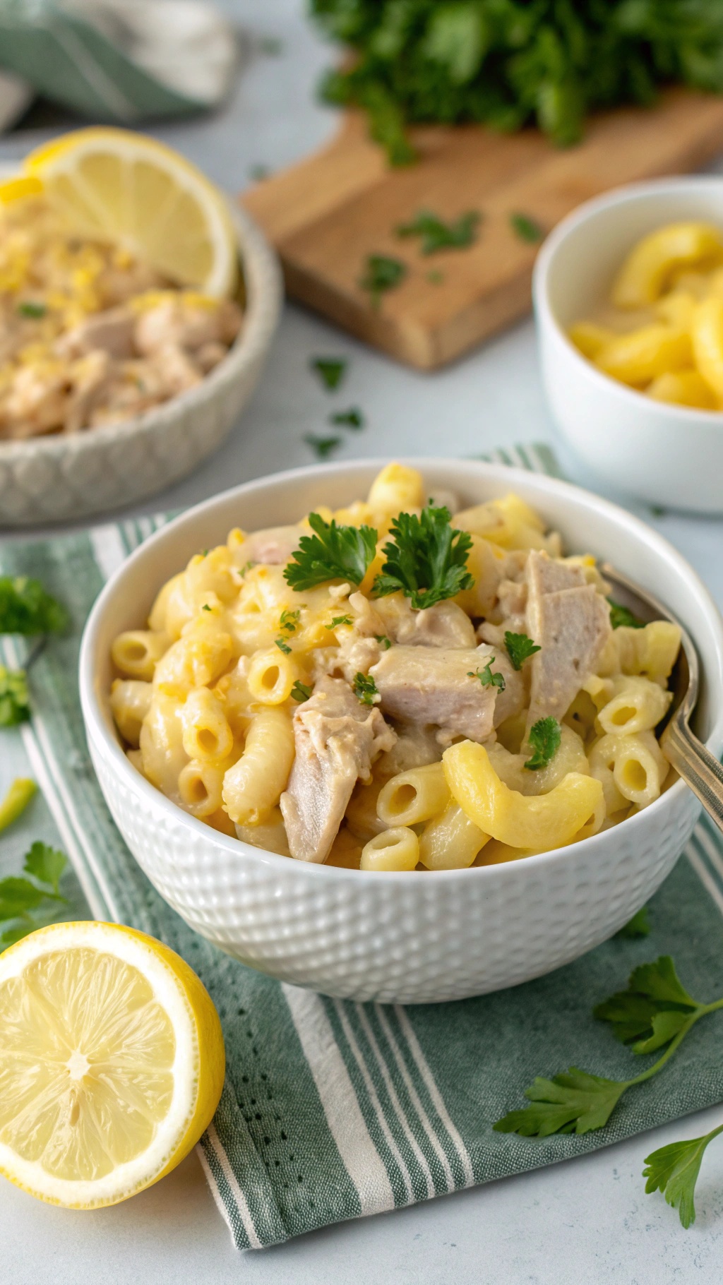 A bowl of lighter tuna mac and cheese garnished with cilantro and lemon slices.