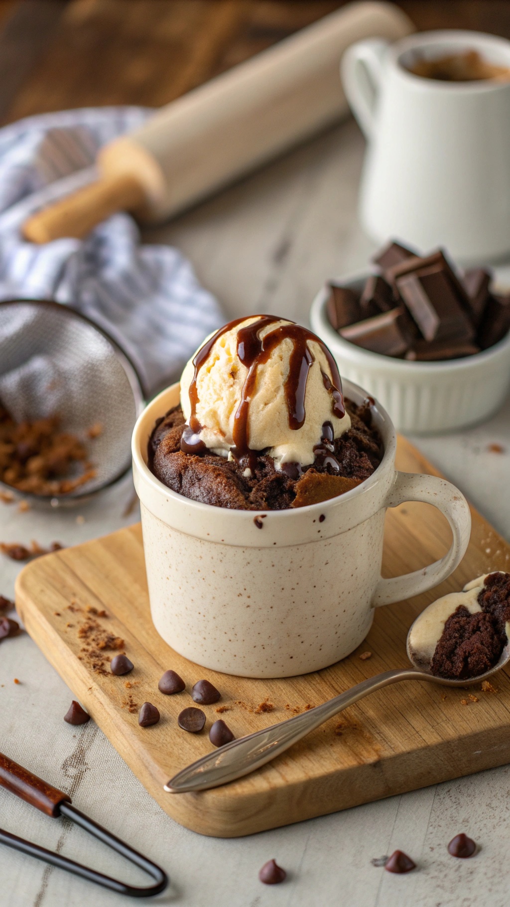A mug filled with a chocolate chip brownie topped with ice cream and chocolate sauce.