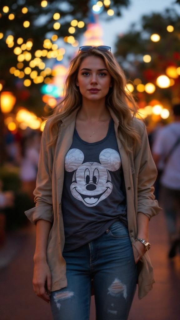 A young woman wearing a lightweight jacket over a graphic tank top at Disneyland, with the castle in the background.