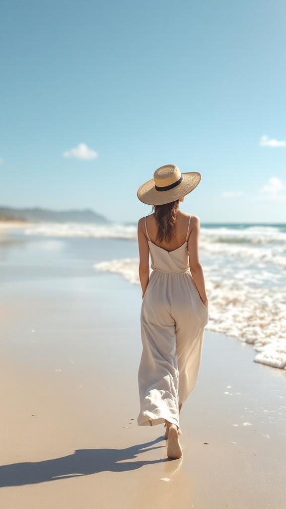 A woman walking on the beach wearing a lightweight linen jumpsuit and a wide-brimmed hat.