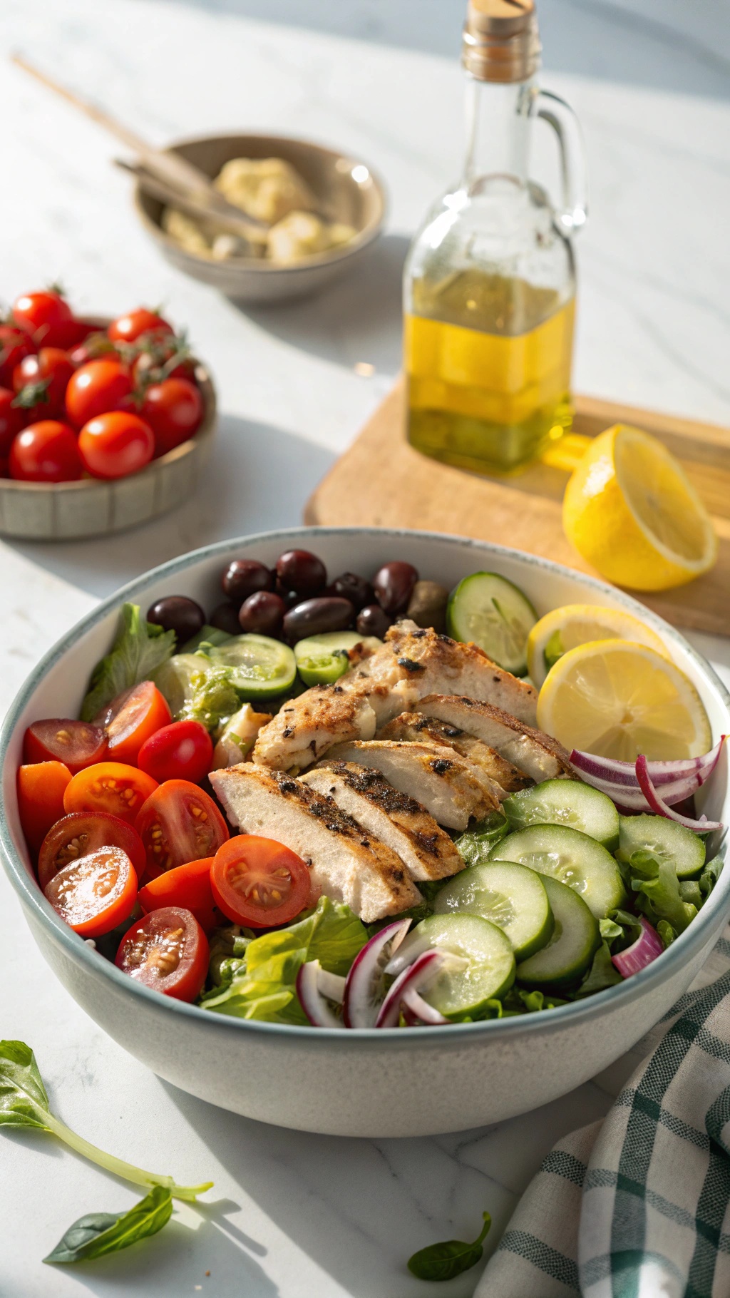 A vibrant Mediterranean chicken salad with grilled chicken, cherry tomatoes, cucumbers, olives, and a drizzle of olive oil.
