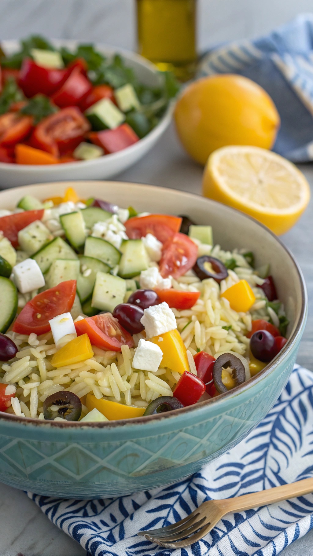 A vibrant Mediterranean orzo salad with colorful vegetables and feta cheese in a bowl.