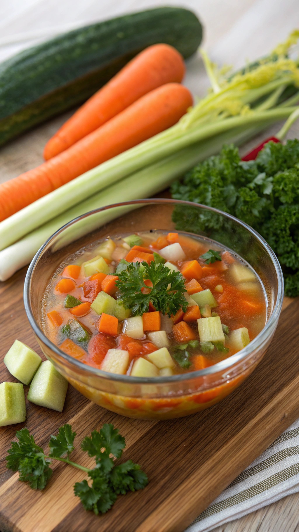 A bowl of vibrant vegetable soup surrounded by fresh vegetables like carrots, celery, and zucchini.